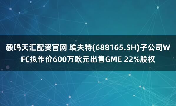 毅鸣天汇配资官网 埃夫特(688165.SH)子公司WFC拟作价600万欧元出售GME 22%股权